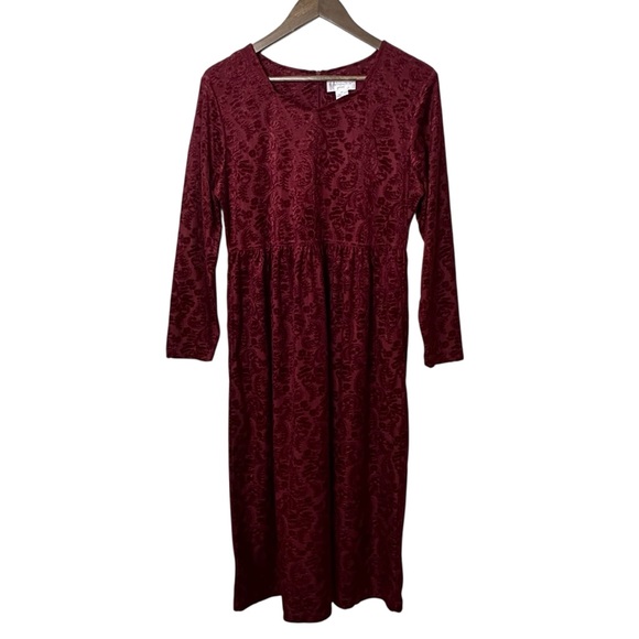 Vintage Worthington Burgundy Burnout Velvet Midi Dress 8P Boho Cottagecore - Picture 1 of 9